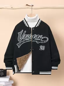 SHEIN Cậu bé Tween Đồ họa Chữ cái Sọc trang trí Lót nhiệt Áo khoác Đại học Không có áo len - màu đen - Xem 4