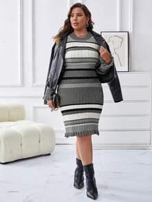 SHEIN LUNE Plus Striped Pattern Sweater Dress - Multicolor - View 5