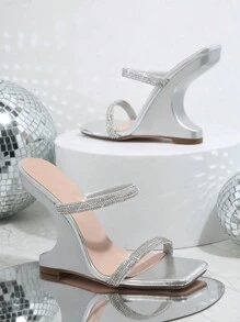 SHUZIA Square Toe Rhinestone Detail Wedge Sandals - Silver - View 2