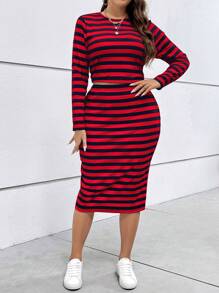 SHEIN Essnce Plus Striped Print Tee & Skirt - Red - View 3