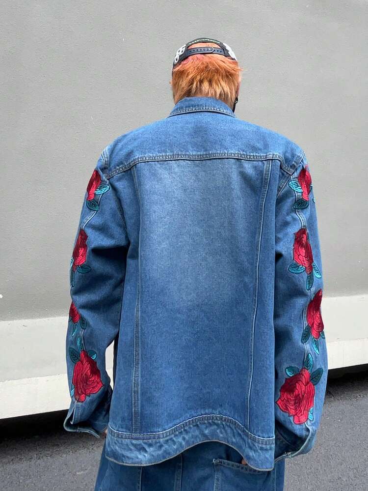 Men Floral Pattern Flap Detail Denim Jacket