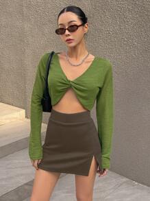 DAZY 高腰下擺開叉裙裤 - 咖啡棕 - 查看 5