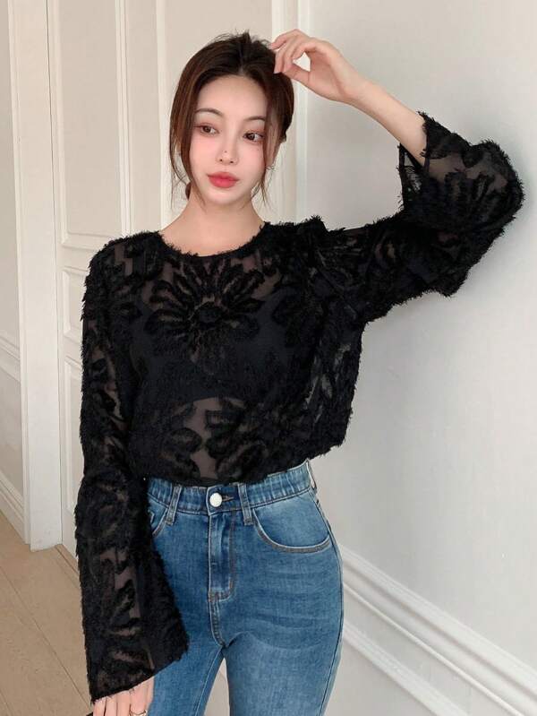 DAZY Solid Sheer Mesh Blouse Without Bra Going Out Tops,Back To School Clothes,Fall Women Clothes Long Sleeve Top