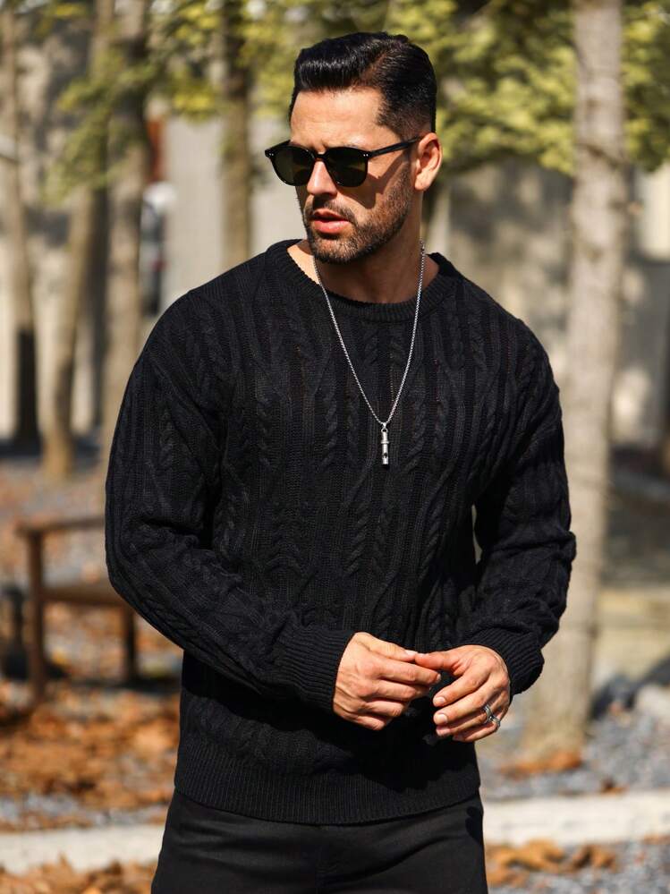 Manfinity Hombres Jersey unicolor tejido de cable - Negro - Añade 6