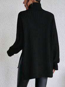 SHEIN Clasi Turtleneck Drop Shoulder Split Hem Knit Pullover Fall Winter Sweater - Black - View 3