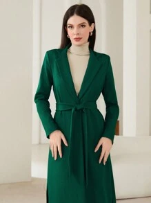 Mulvari Open Front Longline Blazer & Wide Leg Pants - Dark Green - View 6