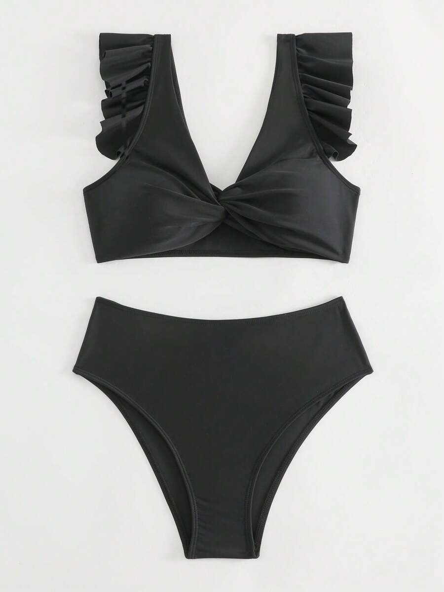 SHEIN Swim Women's Solid Color Lace Trim Twist Front Bikini Set - Black - View 1