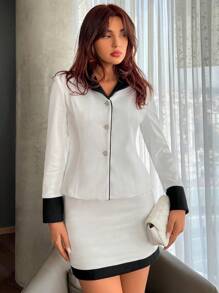SHEIN Privé Contrast Trim Button Front Jacket & Bodycon Skirt - Black and White - View 2