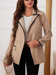 SHEIN Clasi Tương phản ràng buộc Đôi ngực Chi tiết về Flap Áo vest - Màu be - Xem 1