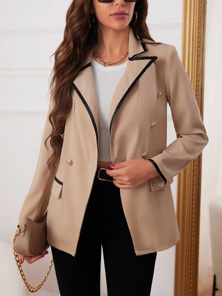 SHEIN Clasi Tương phản ràng buộc Đôi ngực Chi tiết về Flap Áo vest - Màu be - Xem 1