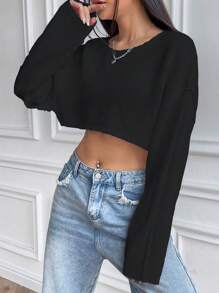 SHEIN Unity Áo len crop tay dài vai rớt, áo len dệt kim mùa thu đông. - màu đen - Xem 3