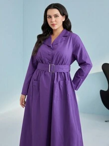 Seusyu Plus Lapel Neck Belted Dress - Purple - View 4