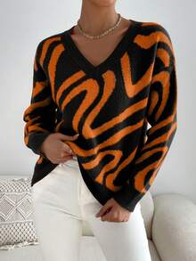 SHEIN Essnce Allover Pattern Drop Shoulder Sweater - Black - View 4