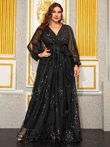 YISIKADO Plus Size Sequin Women Chiffon Dress Deep V Neck Tie Front Long Sleeve Prom Party Dress Wedding Guest Birthday Banquet Graduation Anniversary Dinner Celebration Ceremonial Dress Formal Dress Evening Dress - Black - View 4