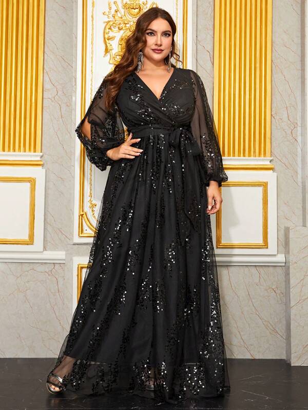 YISIKADO Plus Size Sequin Women Chiffon Dress Deep V Neck Tie Front Long Sleeve Prom Party Dress Wedding Guest Birthday Banquet Graduation Anniversary Dinner Celebration Ceremonial Dress Formal Dress Evening Dress