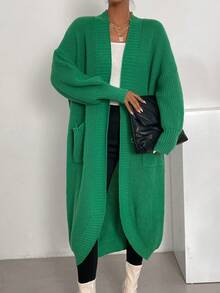 SHEIN Essnce Dual Pocket Drop Shoulder Belted Duster Cardigan - Green - View 4