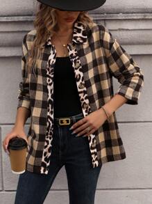 Chiquease Leopard And Gingham Print Drop Shoulder Coat Fall Cloth For Women - Brown - View 6