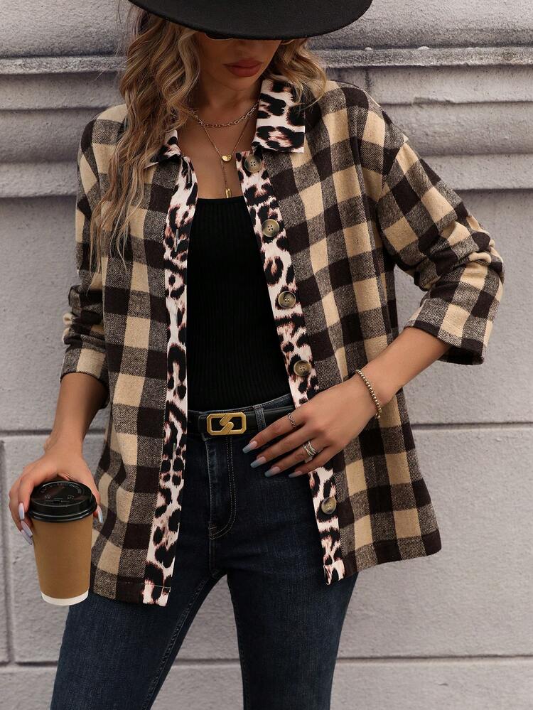 Leopard And Gingham Print Drop Shoulder Coat Fall Cloth For Women