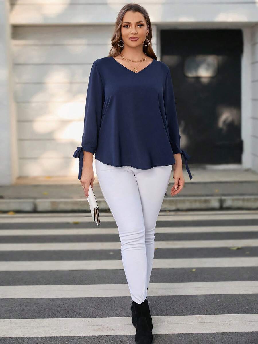 SHEIN LUNE Hơn Chất rắn Knot Cuff Áo sơ mi - Màu xanh hải quân - Xem 1