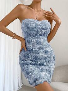 Allurite Floral Appliques Tube Bodycon Dress - Blue - View 4