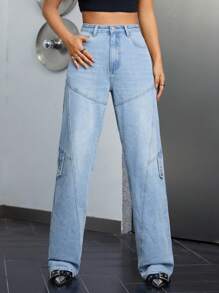 SHEIN ICON High Waist Slant Pocket Straight Leg Jeans