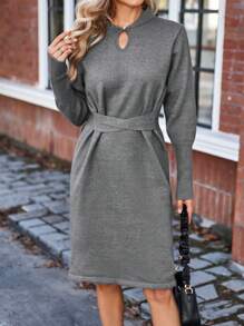 Aveloria Keyhole Neckline Drop Shoulder Sweater Dress Fall Cloth For Women - Grey - View 3