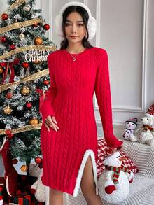 SHEIN Unity Xoắn Dan Trang trí Fuzzy Đầm Áo len - Đỏ - Xem 4