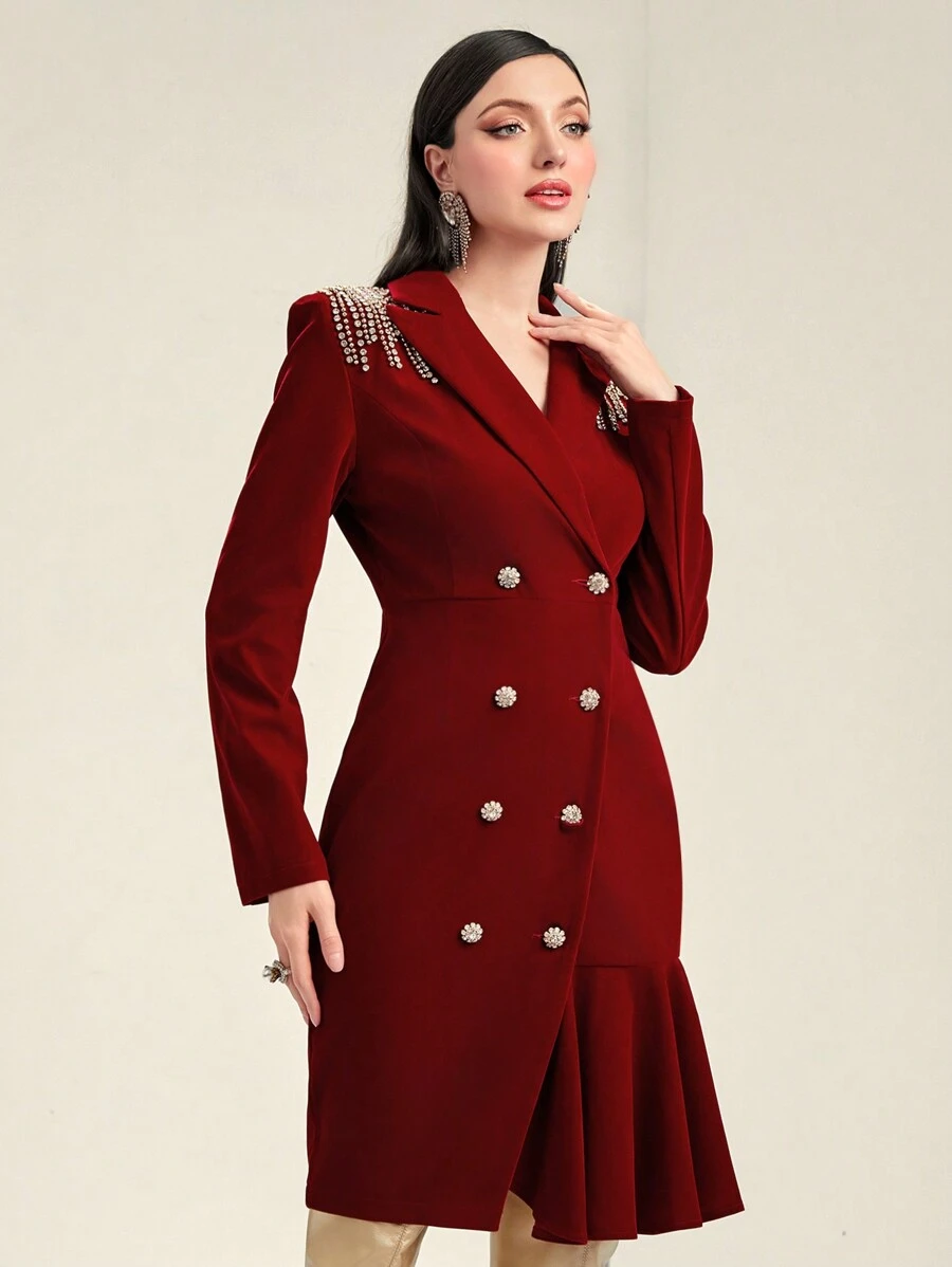 Modelyn 勃艮第红色水钻流苏饰边双排扣荷叶边下摆西装连衣裙 - 酒紅色 - 查看 1