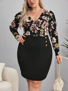 SHEIN Privé Hơn In hoa Surplice cổ Nút giả Váy bodycon - màu đen - Xem 4
