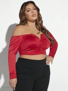 SHEIN X GiudiceGirls Hơn Off Shoulder Viền mặt trước Áo thun - Đỏ - Xem 5