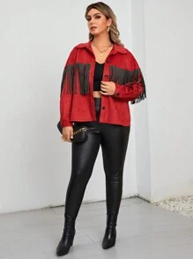 SHEIN LUNE Talla grande Cazadora ribete con fleco con botón delantero - Burdeos - Ver 4