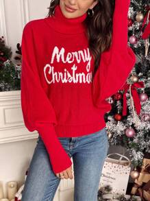 SHEIN Frenchy Christmas Letter Pattern Turtleneck Batwing Sleeve Sweater,Long Sleeve Tops