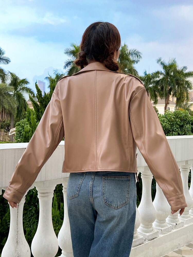 Zip Up PU Leather Moto Jacket Fall Cloth For Women