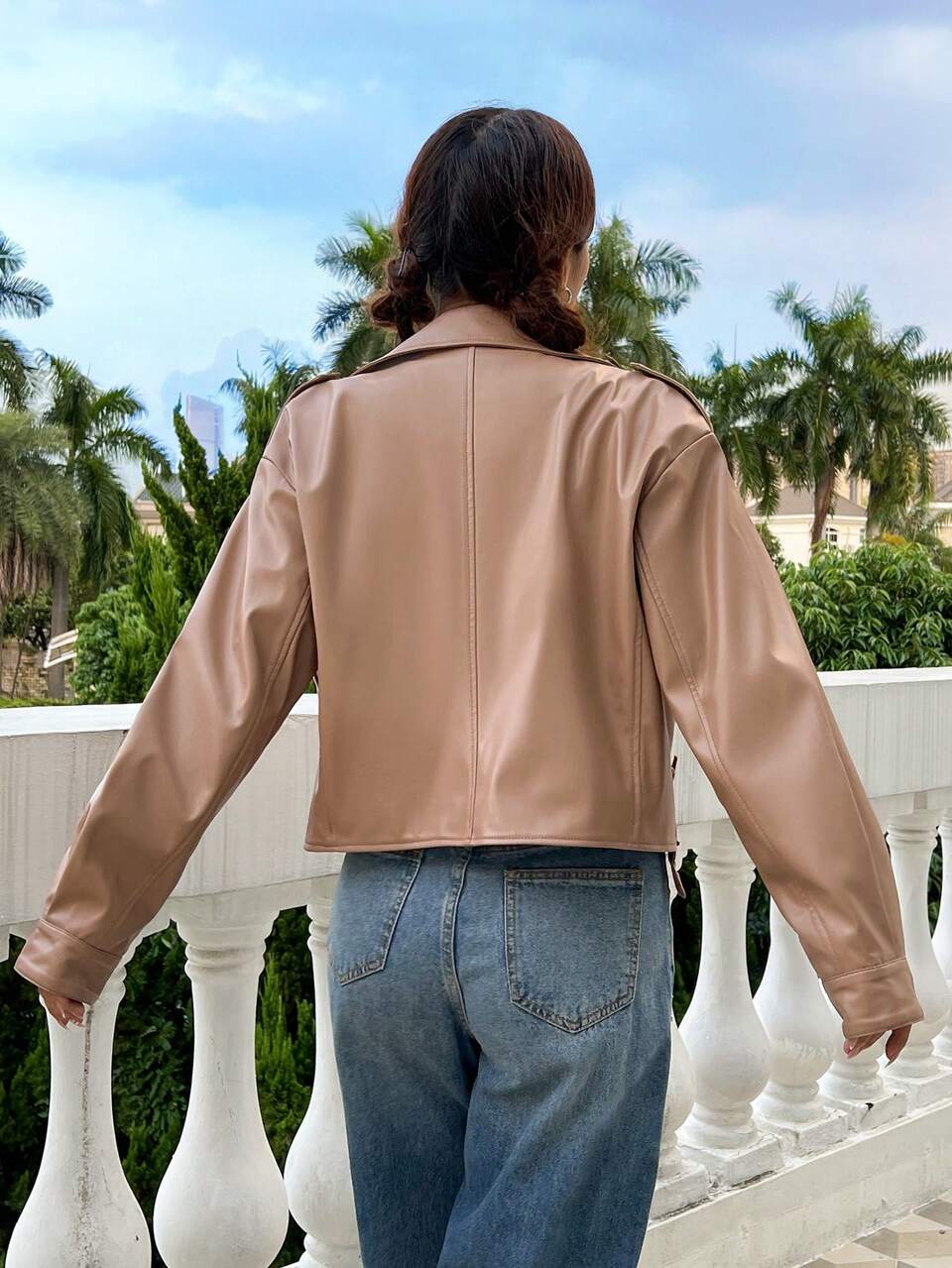 Zip Up PU Leather Moto Jacket Fall Cloth For Women