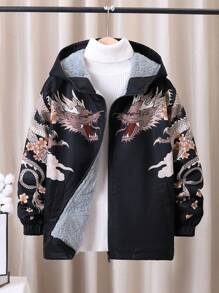 SHEIN 男大童龍印花連帽加絨內裏外套