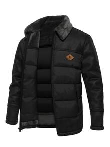 Men Patched Detail Borg Collar Padded Coat - Black - View 5