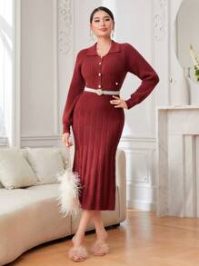 Modelyn Vestido de punto unicolor con botón delantero bajo sirena sin cinturón - Rojo - Ver 3