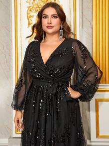 YISIKADO Plus Size Sequin Women Chiffon Dress Deep V Neck Tie Front Long Sleeve Prom Party Dress Wedding Guest Birthday Banquet Graduation Anniversary Dinner Celebration Ceremonial Dress Formal Dress Evening Dress - Black - View 6