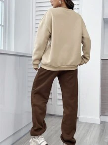 INAWLY Letter Graphic Drop Shoulder Sweatshirt & Sweatpants - Khaki - View 2