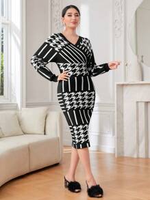 Modelyn Houndstooth Pattern Surplice Neck Sweater Dress Fall Cloth For Women - Black and White - View 1