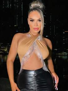 SHEIN SXY Fringe Trim Crisscross Backless Bodysuit - Apricot - View 1