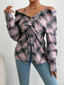 Chiquease Plaid Cold Shoulder Print Twist Front Shirt