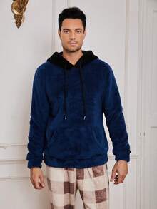 Nam Túi kangaroo Dây rút áo có mũ Flannel Loungewear Top - Màu xanh lam - Xem 5