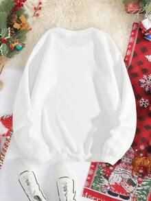 SHEIN EZwear 聖誕圖案加絨內裏運動衫 - 白色 - 查看 2
