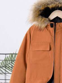SHEIN Tween Boy 毛绒装饰翻盖口袋连帽保暖衬里棉服 - 鏽棕色 - 查看 5