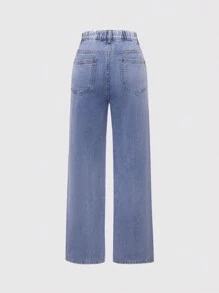 青少年女孩標語圖案破洞牛仔褲 - 淺色水洗藍 - 查看 2