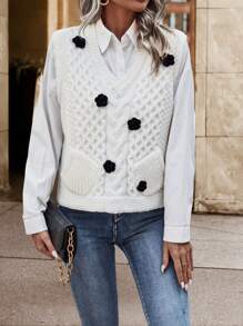 Chiquease 1入組花卉圖案麻花編織毛衣背心 - 白色 - 查看 4