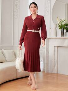 Modelyn Vestido de punto unicolor con botón delantero bajo sirena sin cinturón - Rojo - Ver 6