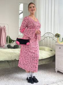 SHEIN EZwear Plus Allover Heart Print Flounce Sleeve Dress - Multicolor - View 2