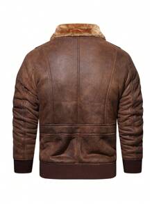 Men Borg Collar Teddy Lined Zipper PU Leather Jacket - Brown - View 2